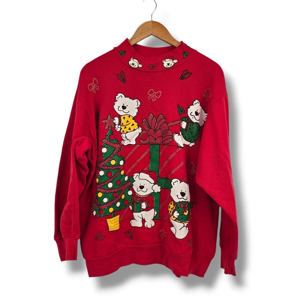 Vintage Holiday Time Christmas Bears Sweatshirt Red Mock Neck Glitter Large USA